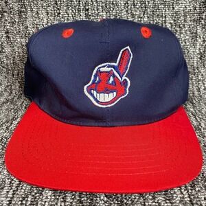 Vintage 90s Cleveland Indians Chief Wahoo Snapback Hat Headmost Navy Red MLB